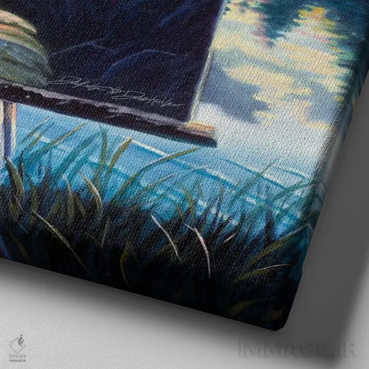 تابلو نقاشی گل رز در کنار دریاچه اثر دکوتا دیتویلر - نمای نزدیک بافت بوم