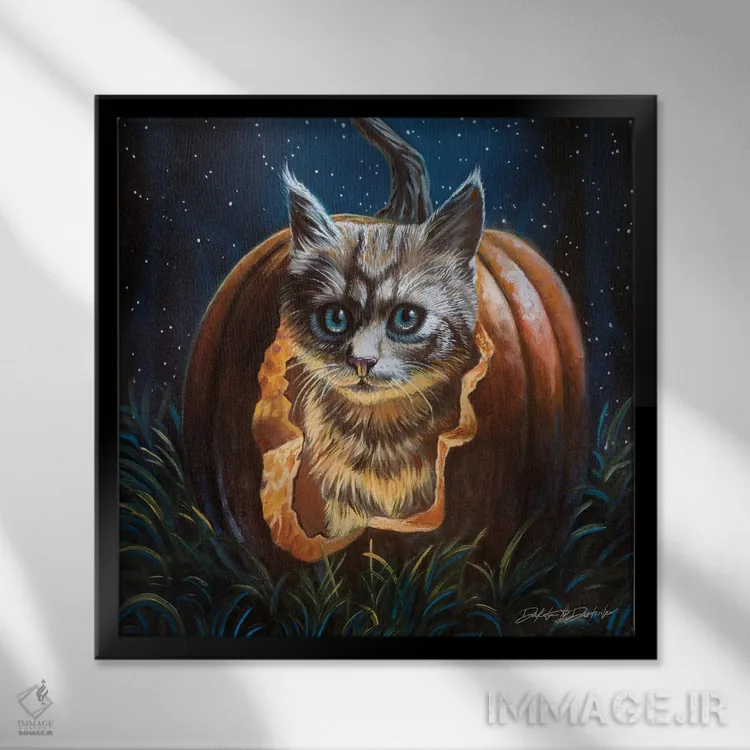 تابلو بچهگربه گرسنه هالووین اثر دکوتا دیتویلر - نمای قابدار مشکی