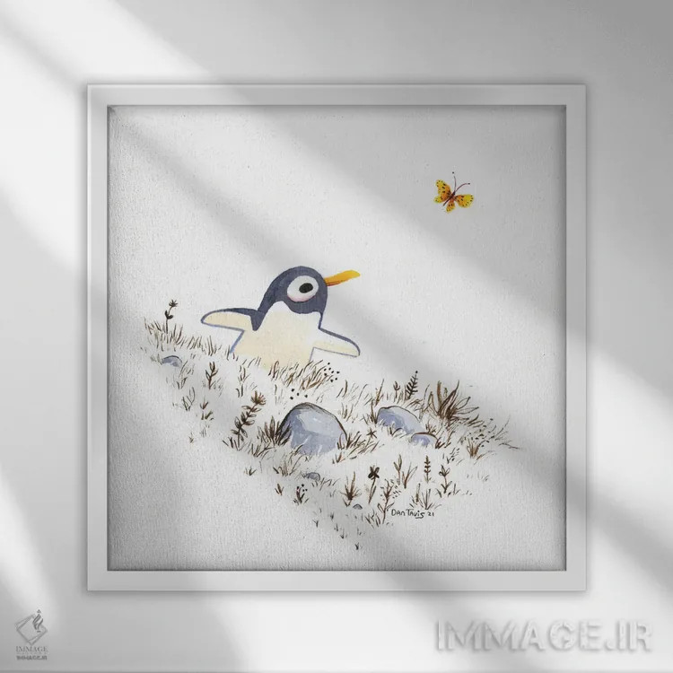 تابلو پنگوئن و پروانه اثر دن تاویس - نمای قابدار سفید