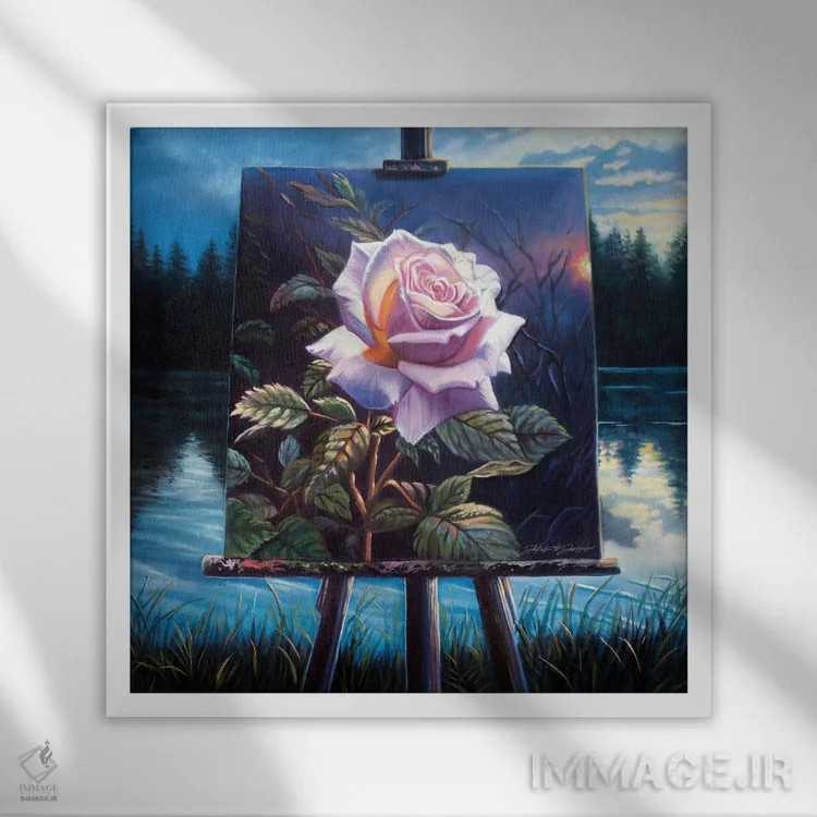 تابلو نقاشی گل رز در کنار دریاچه اثر دکوتا دیتویلر - نمای قابدار سفید