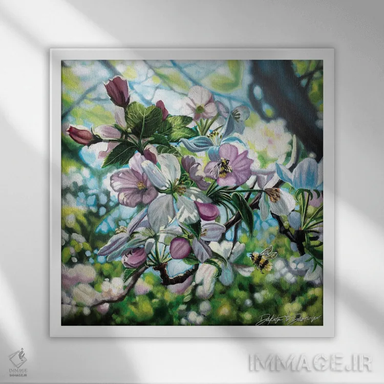 تابلو شکوفههای سیب و زنبورهای عسل اثر دکوتا دیتویلر - نمای قابدار سفید