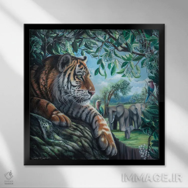 تابلو ببر روی صخره اثر دکوتا دیتویلر - نمای قابدار مشکی