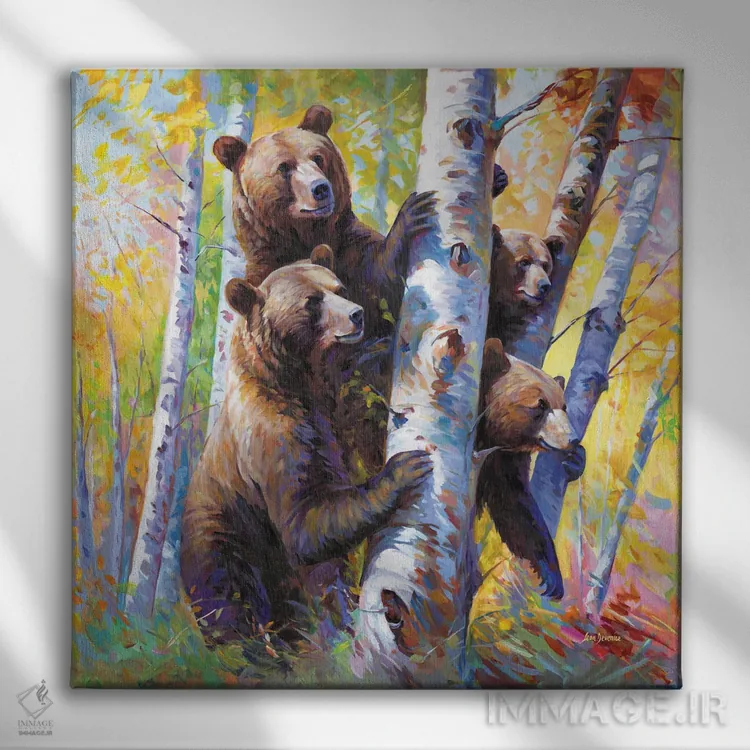 تابلو خرسهای کنجکاو میان درختان غان اثر لئون دوونیس - نمای روبهرو روی دیوار