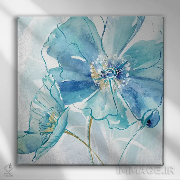 تابلو شقایق بهاری آبی ۱ اثر ماریا دونوان - نمای روبهرو روی دیوار
