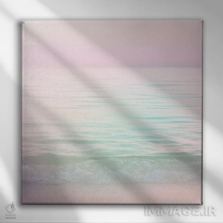 تابلو منظرهٔ دریایی به رنگ صورتی ملایم و رویاگون (مربع) ۱ اثر دومینیک واری - نمای روبهرو روی دیوار