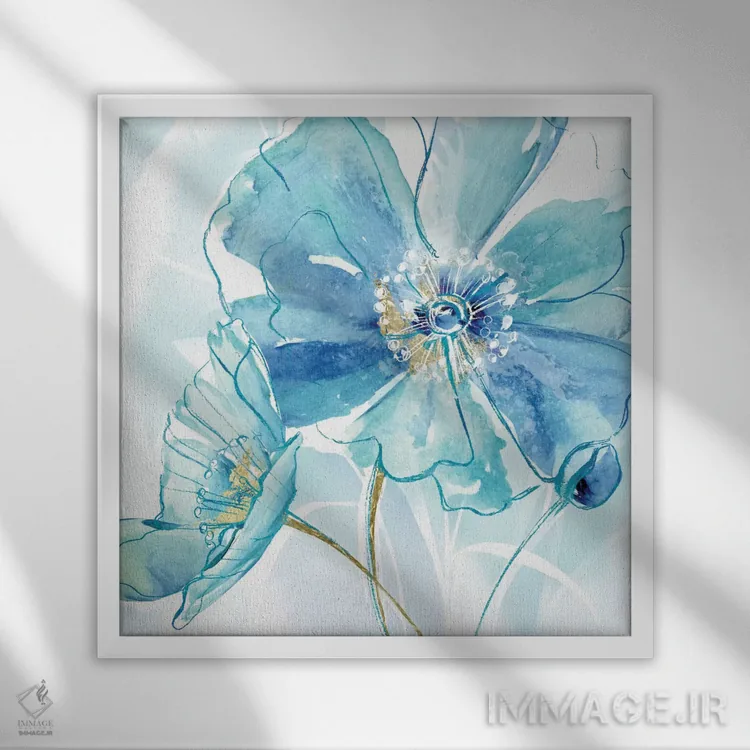 تابلو شقایق بهاری آبی ۱ اثر ماریا دونوان - نمای قابدار سفید