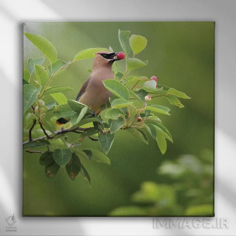 تابلو Carmel, Indiana. Cedar waxwing feeds on serviceberry fruit.,ایالات متحده، کارمل، ایندیانا. سیدر وکسوینگ در حال تغذیه از میوه سروس بری اثر دبورا وینچستر - نمای روبهرو روی دیوار