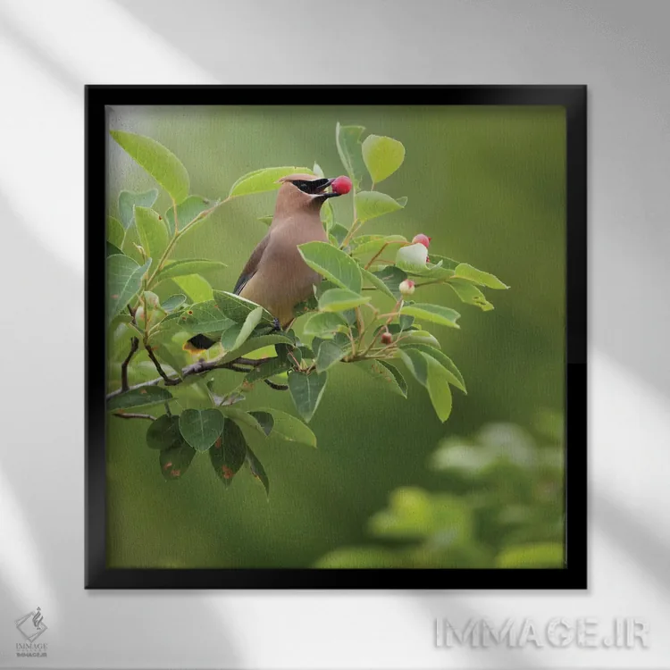 تابلو Carmel, Indiana. Cedar waxwing feeds on serviceberry fruit.,ایالات متحده، کارمل، ایندیانا. سیدر وکسوینگ در حال تغذیه از میوه سروس بری اثر دبورا وینچستر - نمای قابدار مشکی