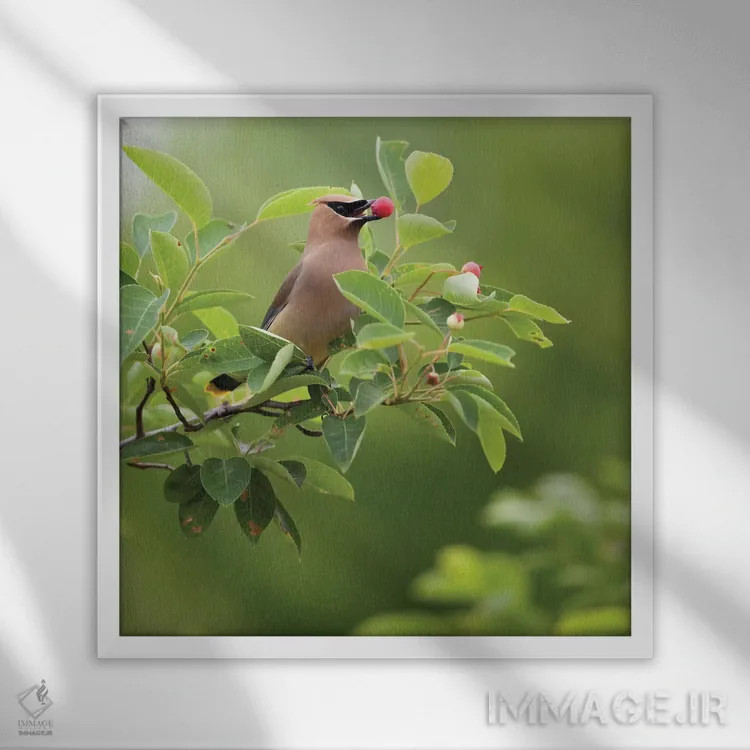تابلو Carmel, Indiana. Cedar waxwing feeds on serviceberry fruit.,ایالات متحده، کارمل، ایندیانا. سیدر وکسوینگ در حال تغذیه از میوه سروس بری اثر دبورا وینچستر - نمای قابدار سفید