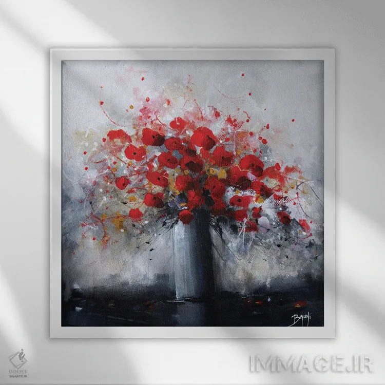 تابلو گلهای قرمز اثر اریک برونی - نمای قابدار سفید