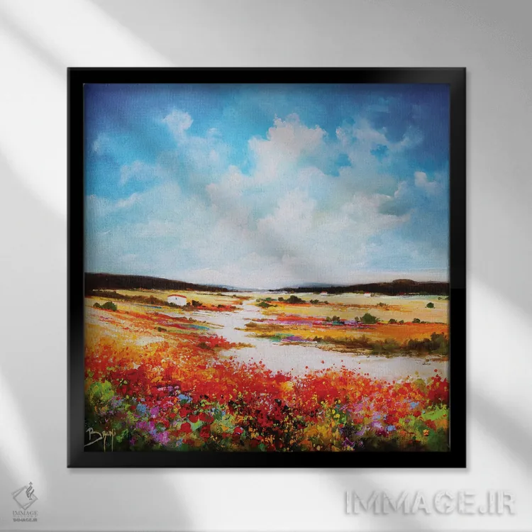 تابلو دشت گلهای قرمز اثر اریک برونی - نمای قابدار مشکی
