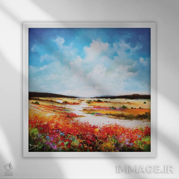 تابلو دشت گلهای قرمز اثر اریک برونی - نمای قابدار سفید