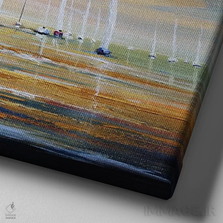 تابلو مسابقات قایقرانی در میانهٔ اقیانوس اثر اریک برونی - نمای نزدیک بافت بوم