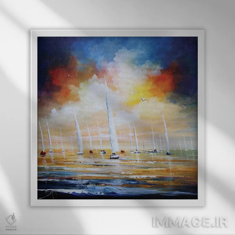 تابلو مسابقات قایقرانی در میانهٔ اقیانوس اثر اریک برونی - نمای قابدار سفید