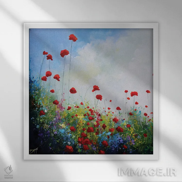 تابلو شقایقها در جشن (کوکلیکو: شقایق فرانسوی) اثر اریک برونی - نمای قابدار سفید