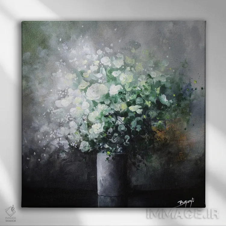 تابلو دستهگل رزهای سفید اثر اریک برونی - نمای روبهرو روی دیوار