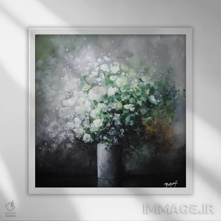 تابلو دستهگل رزهای سفید اثر اریک برونی - نمای قابدار سفید
