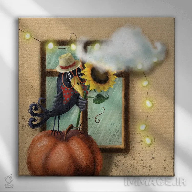 تابلو کلاغ و گل آفتابگردان اثر الی بیکزاده - نمای روبهرو روی دیوار