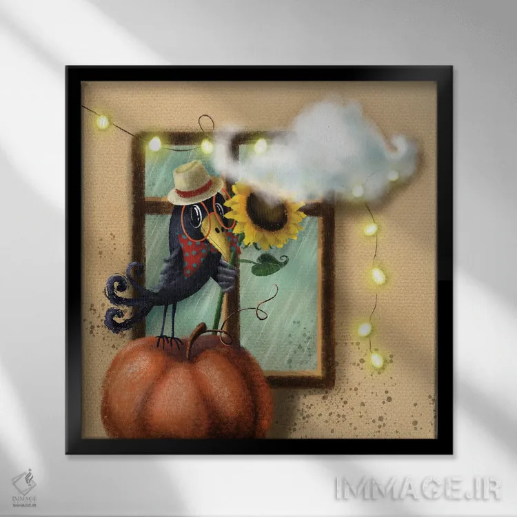 تابلو کلاغ و گل آفتابگردان اثر الی بیکزاده - نمای قابدار مشکی