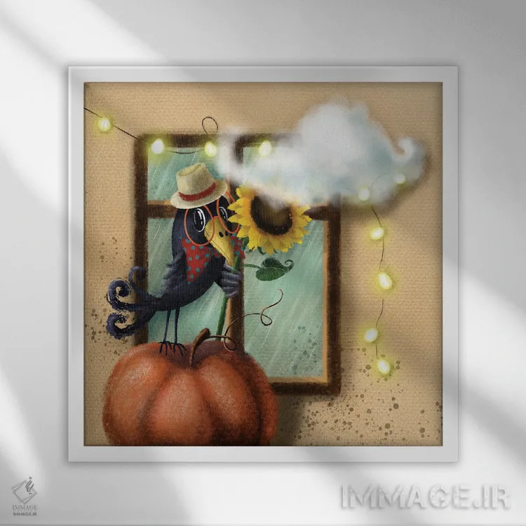 تابلو کلاغ و گل آفتابگردان اثر الی بیکزاده - نمای قابدار سفید