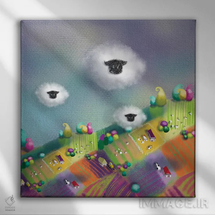 تابلو ابرها یا گوسفندها اثر الی بیکزاده - نمای روبهرو روی دیوار