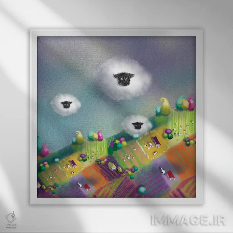 تابلو ابرها یا گوسفندها اثر الی بیکزاده - نمای قابدار سفید