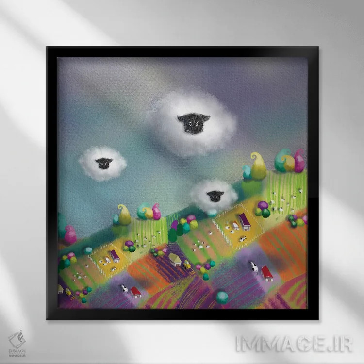 تابلو ابرها یا گوسفندها اثر الی بیکزاده - نمای قابدار مشکی