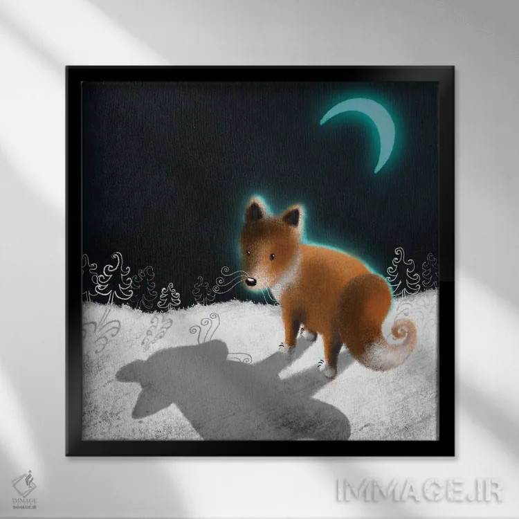 تابلو روباه و ماه اثر الی بیکزاده - نمای قابدار مشکی