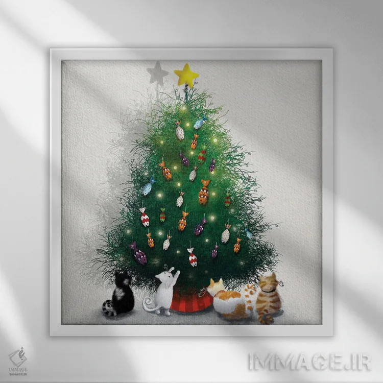 تابلو کریسمس بچهگربهها اثر الی بیکزاده - نمای قابدار سفید