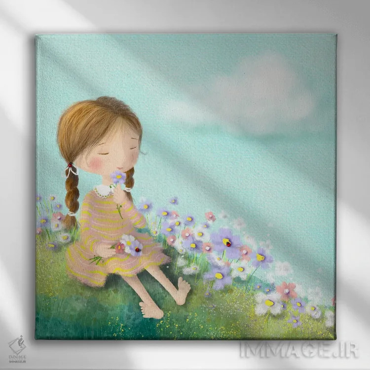 تابلو چیدن گلهای بهاری اثر الی بیکزاده - نمای روبهرو روی دیوار