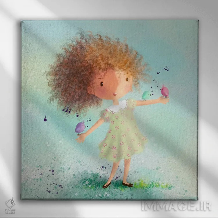 تابلو من و پرندهها اثر الی بیکزاده - نمای روبهرو روی دیوار