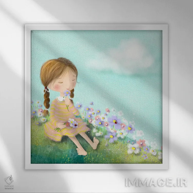 تابلو چیدن گلهای بهاری اثر الی بیکزاده - نمای قابدار سفید