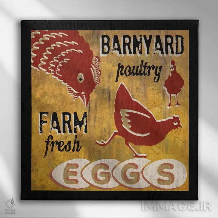 تابلو مرغ و خروس حیاط روستا اثر ارین کلارک - نمای روبهرو روی دیوار