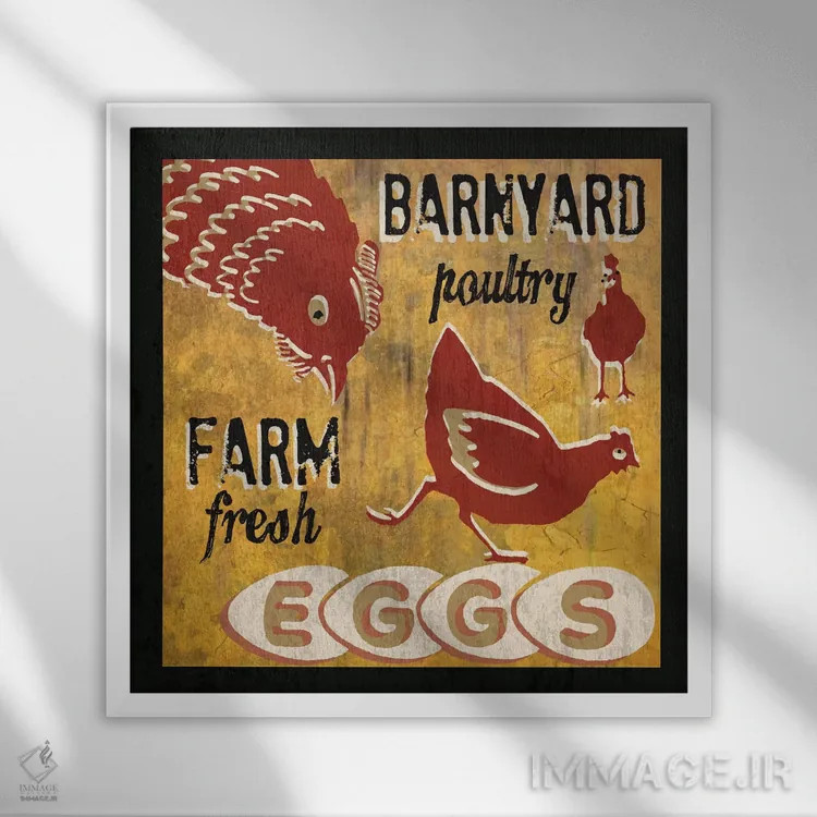 تابلو مرغ و خروس حیاط روستا اثر ارین کلارک - نمای قابدار سفید