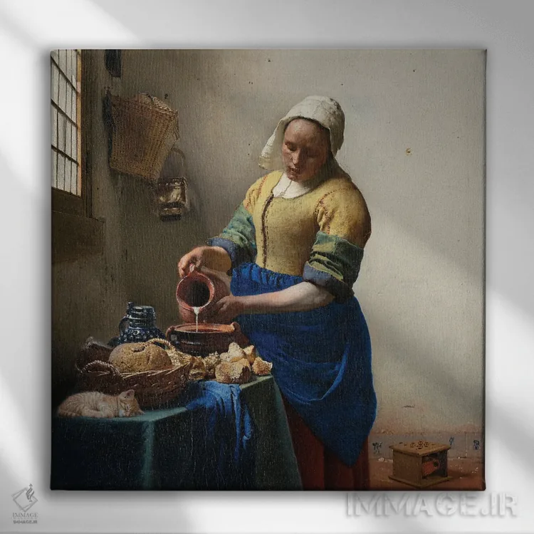 تابلو دختر شیرفروش و گربه اثر آرتاله - نمای روبهرو روی دیوار