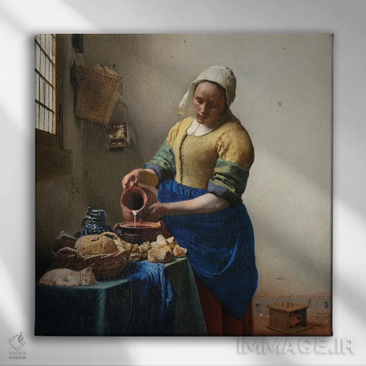 تابلو دختر شیرفروش و گربه اثر آرتاله - نمای روبهرو روی دیوار