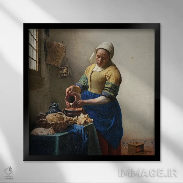 تابلو دختر شیرفروش و گربه اثر آرتاله - نمای قابدار مشکی