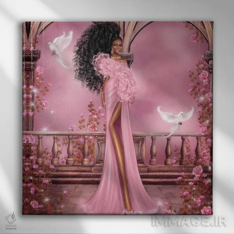 تابلو زنان با لباس صورتی اثر ارین فلیس - نمای روبهرو روی دیوار