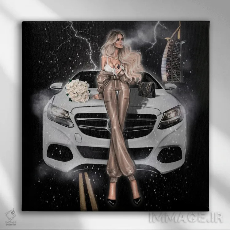 تابلو دختر مدگرا با مرسدس اثر ارین فلیس - نمای روبهرو روی دیوار