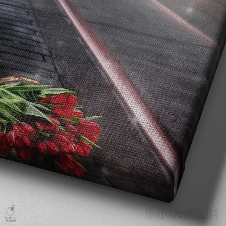 تابلو دختر با لالههای قرمز اثر ارین فلیس - نمای نزدیک بافت بوم