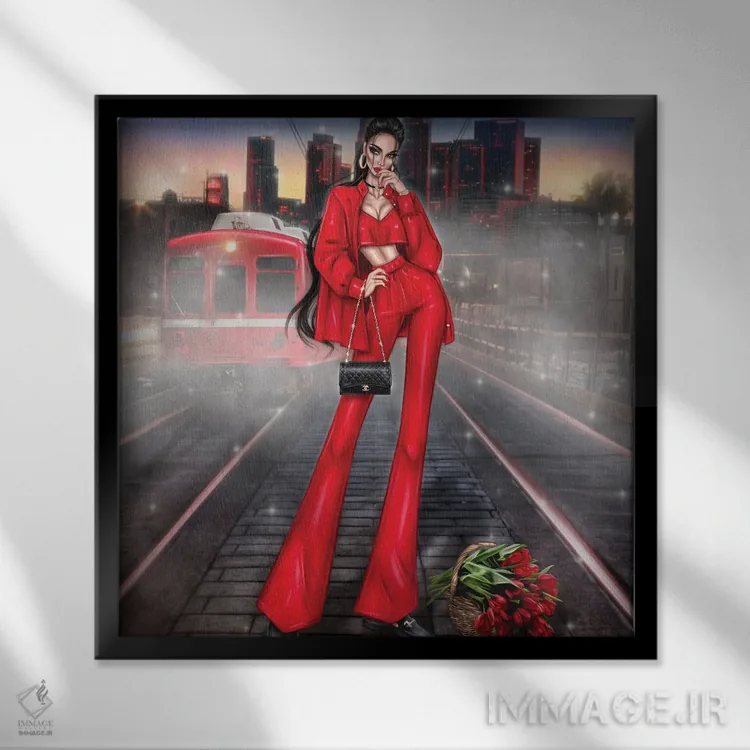 تابلو دختر با لالههای قرمز اثر ارین فلیس - نمای قابدار مشکی