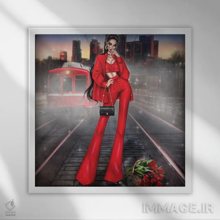 تابلو دختر با لالههای قرمز اثر ارین فلیس - نمای قابدار سفید