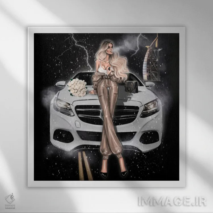 تابلو دختر مدگرا با مرسدس اثر ارین فلیس - نمای قابدار سفید