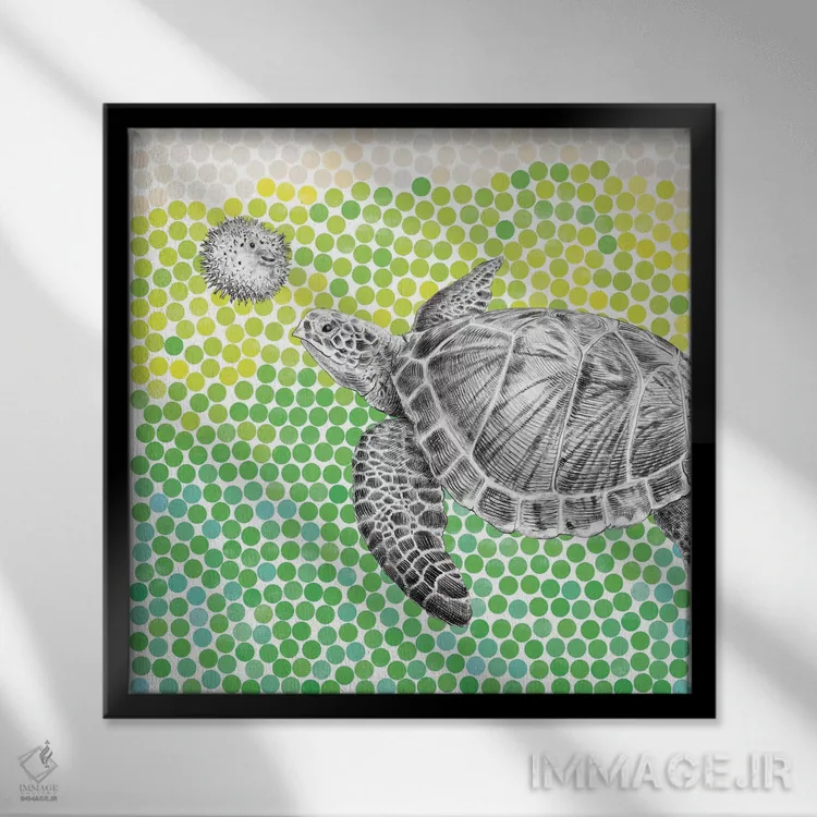 تابلو لاکپشت و ماهی بادکنکی یک اثر اریک فن - نمای قابدار مشکی