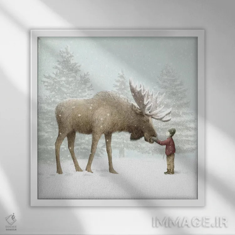 تابلو گوزن شمالی زمستانی اثر اریک فن - نمای قابدار سفید