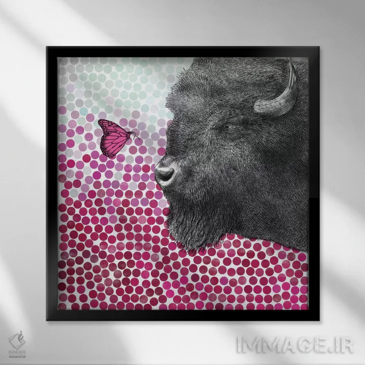 تابلو گاومیش و پروانه یک اثر اریک فن - نمای قابدار مشکی