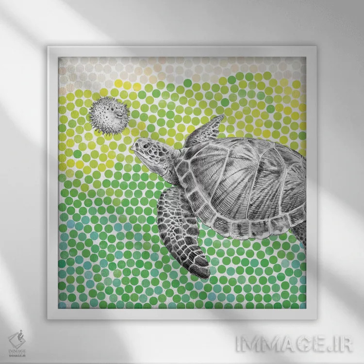 تابلو لاکپشت و ماهی بادکنکی یک اثر اریک فن - نمای قابدار سفید