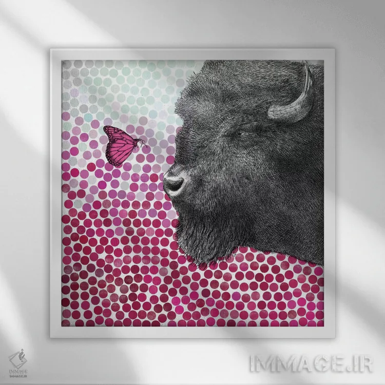 تابلو گاومیش و پروانه یک اثر اریک فن - نمای قابدار سفید