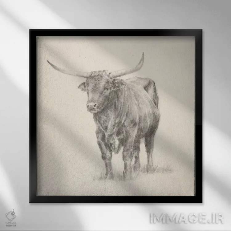 تابلو طرح گاو شاخبلند I اثر اتان هارپر - نمای قابدار مشکی