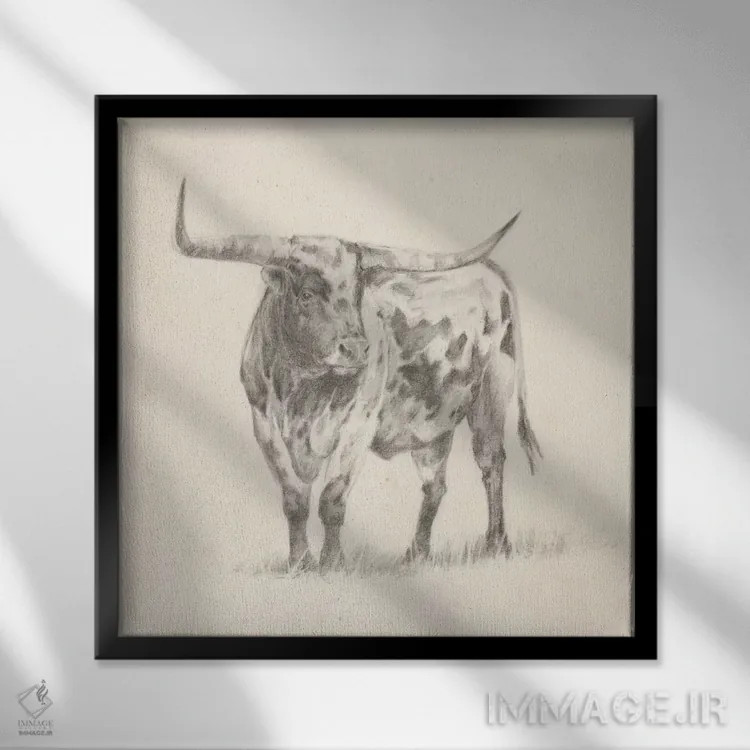 تابلو طرح گاو شاخبلند II اثر اتان هارپر - نمای قابدار مشکی